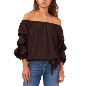 Vince Camuto Off The Shoulder Bubble Sleeve Tie Front Blouse Brown XS NWT